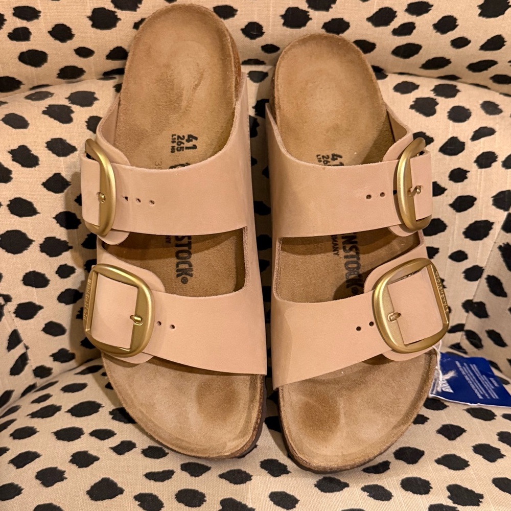 Birkenstock Arizona Blush Pink Leather Two-Buckle Sandal with Gold Buckles